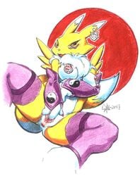 2004 3_fingers anthro anus breasts canine chest_tuft digimon female fingering fox fur furry looking_at_viewer masturbation nipple_piercing nipples piercing purple pussy renamon sawblade_(artist) solo spread_legs spreading stockings yellow