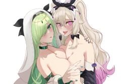 2girls adora_fortune after_kiss bangs_over_one_eye blonde_hair blush canvas_sensei choker drool_string gown green_eyes green_fingernails green_hair hair_over_one_eye hair_ribbon head_ornament holding_hands large_breasts looking_at_viewer pink_eyes transparent_clothing virtual_youtuber vols vtuber yuri