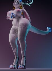 3d_(artwork) angela_flux anthro aroused ass atlyss bell big_breasts big_butt big_ears big_nipples big_tail breasts clothing crystal digital_media_(artwork) female footwear hi_res legwear magic nipples norkanimations shoes solo stockings tail thick_thighs torn_clothing torn_legwear