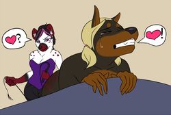 anthro bent_over blonde_hair canine corset crying doberman dogslug domination dominatrix endured_face female femdom fur furry hair heart hyena pain pink puppy_(character) purple rape_face short_hair tear whip yuri