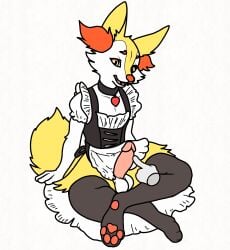 animated anthro aricks137 balls braixen brown_body clothing erection fingers fluffy_body generation_6_pokemon genitals hi_res hybrid long_ears maid_uniform male nintendo open_mouth orange_eyes penis pink_penis pokemon pokemon_(species) red_nose sitting solo touching_penis uniform white_body yellow_body