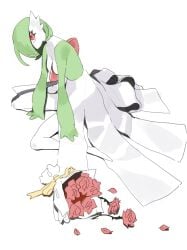 3_fingers breasts female fingers flower gardevoir generation_3_pokemon green_hair hair hi_res humanoid kame_3 long_legs looking_at_viewer nintendo not_furry not_porn plant pokemon pokemon_(species) red_eyes sfw side_view simple_background solo thin_calves thin_legs thin_thighs white_background white_body