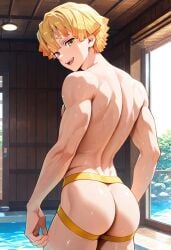 ai_generated ass back bathhouse biceps blonde_hair blush demon_slayer gay jockstrap jockstrap_only looking_at_viewer looking_back male male_only muscular muscular_male nude_male open_mouth smile toned_body toned_male twall97 yellow_eyes yellow_hair zenitsu_agatsuma