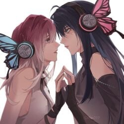 blue_hair butterfly clothed clothes clothing handholding headphones idol larger_female magnet miix777 path_to_nowhere pink_hair rahu_(path_to_nowhere) scar scar_on_face shalom_(path_to_nowhere) shorter_female shoulders smaller_female taller_female yuri