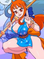 1girls 2022 big_breasts blue_kimono cleavage cleavage_overflow convenient_censoring curvy deathzera digital_media_(artwork) female gesture hi_res kimono long_hair nami nami_(one_piece) one_leg_up one_piece orange_hair overflowing_breasts short_kimono tagme voluptuous_female