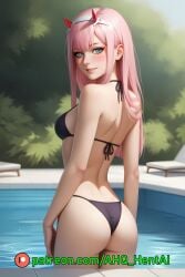 1girls ahq_hentai ai_generated bikini blue_eyes blush darling_in_the_franxx horns medium_breasts patreon perfect_body pink_hair poolside smile stable_diffusion standing zero_two_(darling_in_the_franxx)