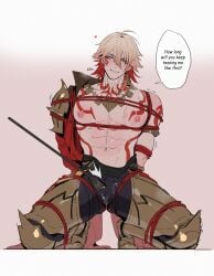 1boy abs blush bondage bondage bulge drooling erection_under_clothes gold_jewelry honkai:_star_rail jewelry large_pectorals masochism moaning muscles muscular_male mydei_(honkai:_star_rail) pauldrons precum teasing tied_up yoma_0_0