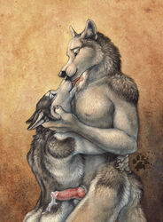 after_sex anthro back background_pattern blotch blue_eyes canine canine_penis couple cum cum_inside ear fur furry furry_only gay grey_eyes hug husky knot licking male no_humans nude oral penis sheath tongue wolf