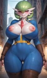 1girls ai_generated anthro big_breasts breasts cameltoe cosplay costume fallout furry green_hair looking_at_viewer nipples no_bra pokemon red_eyes roger1011 short_hair thighs