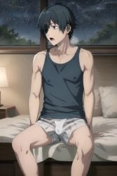 1boy ai_generated black_tank_top boxers chainsaw_man clutching_sheets erection erection_pushing_underwear erection_under_clothes eyepatch genderswap genderswap_(ftm) himeno_(chainsaw_man) night_sky nipples_visible_through_clothing open_mouth pillow rule_63 sitting_on_bed tank_top tanktop white_blanket white_boxers window