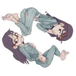 arm_between_legs artist_request bare_belly eri_ninamori feet flcl glasses hair_in_mouth long_hair looking_at_viewer pajama_pants pajamas red_glasses seductive_eyes seductive_look unbuttoning undressing violet_eyes violet_hair white_background