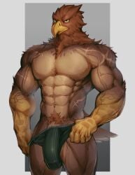 abs absurd_res accipitrid accipitriform anthro avian beak big_bulge big_muscles bird brown_body brown_feathers bulge clothed clothing curved_beak detailed_bulge eagle feathers front_view genital_outline genitals hi_res male mixterart muscular muscular_anthro muscular_male pecs penis penis_base penis_outline scuted_arms scutes solo standing tail tail_feathers underwear underwear_only vein veiny_muscles