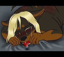 anthro ball_gag bent_over blonde_hair canine chubby crying doberman dogslug drool endured_face female fur furry gag hair pain puppy_(character) saliva short_hair solo tear