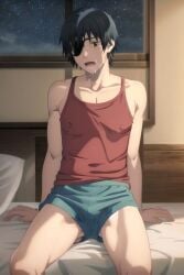 1boy ai_generated black_hair blue_boxers chainsaw_man erection erection_under_clothing erection_under_underwear eyepatch genderswap genderswap_(ftm) himeno_(chainsaw_man) nipples_visible_through_clothing on_bed open_mouth pillow red_tank_top rule_63 saliva spreading white_blanket