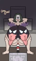 1girls 2d anal anal_beads big_ass big_breasts box channeler_(pokemon) covered_pussy crate ditto energy english_text female female_focus female_only gastly green_hair guavagrunt hands_behind_head headband huge_ass huge_breasts indoors legs_apart long_hair long_tongue looking_at_viewer nipples nude nude_female poke_ball poke_ball_insertion pokemon purple_eyes pussy_tape sign squatting storage_room text thick_thighs thighs tongue tongue_out unusual_breasts