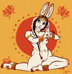 anthro braid breasts female fossa_(artist) fur furry head_ornament indian jewelry lagomorph nude pussy rabbit small_breasts solo