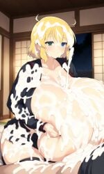 ai_generated bangs black_serafuku black_skirt blonde_hair blue_eyes breasts_bigger_than_head clothed_female cum cum_everywhere cum_on_body cum_on_breast cum_on_breasts cum_on_face cum_on_hair cumdrip cumshot curvaceous curvy curvy_figure ejaculation ejaculation_between_breasts engulfing_paizuri enormous_breasts excessive_cum female gigantic_breasts green_eyes heterochromia huge_breasts imforskin massive_breasts medium_hair paizuri paizuri_lead_by_female penis ryouna_(senran_kagura) sailor_uniform senran_kagura serafuku thick_thighs voluptuous