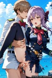 1boy 1girls ai_generated ariavisions cum_in_pussy female hiiragi_shinoa holding_leg male moaning orange_eyes owari_no_seraph purple_hair ribbon seraph_of_the_end sex shinoa_hiiragi standing_on_one_leg standing_sex