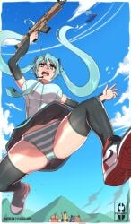 1girls 2d armwear blue_eyes blue_hair blush clothed clothed_female epic_games female female female_focus fishstick_(fortnite) fortnite fortnite:_battle_royale hatsune_miku iisfernado legwear_only light-skinned_female low-angle_view meowscles_(fortnite) outside painted_nails panties peely skirt tagme twintails upskirt vocaloid