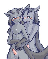 anthro black blush chest_tuft eye_contact eyes face_markings furry gay looking_at_another male mightyena mikazuki_karasu no_humans penis pokémon_(species) pokemon red_eyes standing sweat tail