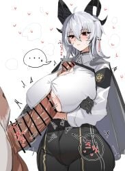 ... 1girls 1other animal_genitalia armband arms_crossed ass black_gloves black_pants blush breasts cameltoe cape censor_bar censored erection grey_hair hair_between_eyes heart horn horn/wood huge_breasts huge_cock imminent_sex interspecies no_bra paizuri paizuri_under_clothes red_eyes simple_background size_difference straps sweat thick_thighs thighs veiny_penis voluptuous white_background white_shirt wuthering_waves zani_(wuthering_waves)