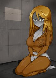 ._. 1girls 2d ananakawaii barefoot big_ass big_breasts blonde_hair clothing d-class female female_only grey_body grey_skin light_brown_eyes long_hair orange_clothing scp-032 scp_containment_breach scp_foundation sitting solo third_subdivision_studios