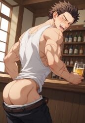 ai_generated ass balls bar bara beer body_hair drunk drunk_bubble flashing gay golden_kamuy inn male male_only muscular penis sugimoto_saichi teasing undressing yaoi yoichisai