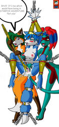 anal anal_sex anthro articfox blue blue_hair blush bondage bracers breast_fondling breasts brown_eyes canine chains claws cuffs cum domination female femdom fondling fox fur furry green green_eyes green_hair hair headband krystal leg_band long_hair masturbation orange penetration polearm pussy red_hair saliva short_hair spreader_bar staff standing star_fox tail tentacle threesome tongue toy video_games weapon yuri