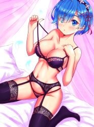 areolae bare_arms bare_belly bare_shoulders bed bed_sheet belly_button big_breasts black_bra black_panties black_thighhighs blue_eyes blue_hair blush bra breasts cleavage collarbone feet garter_belt garter_straps hair_ornament lace-trimmed_bra lace-trimmed_garter_belt lace-trimmed_panties lingerie maid_headdress nail_polish nori_(nori_teatime) panties parted_lips re:zero_kara_hajimeru_isekai_seikatsu red_nails rem_(re:zero) shiny_skin short_hair strap_pull thighhighs thighs underwear underwear_only wariza