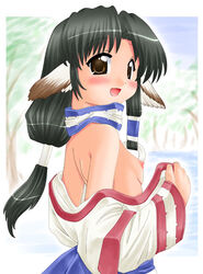 animal_ears black_hair blush breasts brown_eyes clothes eruru_(utawarerumono) female forest hair hase_yu inumimi japanese_clothes kemonomimi long_hair looking_at_viewer nipples open_mouth outdoors ponytail small_breasts soft solo standing tied_hair tree undressing utawarerumono water