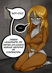 ._. 1girls 2d alternate_version_available ananakawaii barefoot big_ass big_breasts blonde_hair clothing d-class female female_only grey_body grey_skin light_brown_eyes long_hair looking_at_viewer orange_clothing scp-032 scp_containment_breach scp_foundation sitting solo spanish_text text third_subdivision_studios