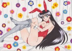 1990s_(style) 1girls absurdres alluring animal_ears bishoujo_senshi_sailor_moon black_hair detached_collar fake_animal_ears highres long_hair pantyhose playboy_bunny rabbit_ears rascal_(n119) rei_hino retro_artstyle sailor_mars wrist_cuffs