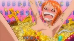 anime_screencap bathing big_breasts blush breasts dollar_eyes gold jewelry jewels large_breasts nami nami_(one_piece) nude orange_hair pre-timeskip screencap