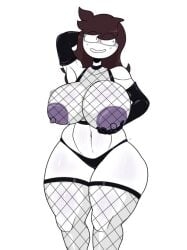 arm_behind_head arm_grabbing big_breasts black_hair dark_areola fishnets jaiden jaiden_animations jaiden_dittfach legwear shiny_skin youtuber