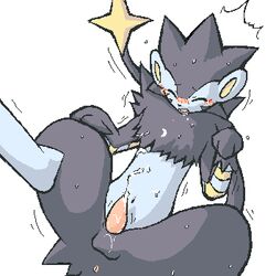 1boy anus black blue blush closed_eyes cum cumshot luxray male male_only mikazuki_karasu orgasm penis pokémon_(species) pokemon pokemon_(species) solo sweat tail