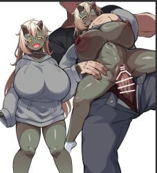 1boy 1girls :d :o bar_censor belly_bulge black_sclera blush bottomless breasts clothes_lift clothes_pull deep_penetration dubious_consent fat_mons female_penetrated fucked_from_behind goblin_(konoshige) goblin_female grabbed_from_behind green-skinned_female green_skin hairless_pussy height_difference hoodie horns huge_breasts human_male interspecies konoshige_(ryuun) large_areolae large_breasts large_insertion larger_male long_hair looking_pleasured male_penetrating male_penetrating_female massive_breasts navel nipples original penis penis_in_pussy plump_labia pointy_ears puffy_pussy pussy questionable_consent restrained reverse_suspended_congress ryuun_(stiil) sex sex_from_behind shortstack size_difference smaller_female smile socks spread_legs spreading stand_and_carry_position stomach_bulge thick_thighs thigh_grab thighs tummy_bulge vaginal_penetration vaginal_sex veiny_penis white_hair yellow_eyes