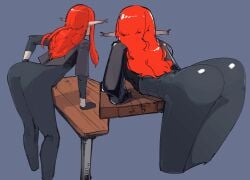 1girls ass ass_focus ass_shot atlus bent_over big_ass black_bodysuit bodysuit clothing dat_ass eiselin_hulkenberg female female_only hair legs long_hair metaphor:_refantazio mrplow34 multiple_views pointy_ears red_hair solo solo_female table