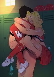 against_surface against_wall blonde_hair blush cheerleader cheerleader_uniform football_jersey football_uniform hairbow heather_mcnamara heathers heathers_musical jewelry lifting_person locker_room nervous panties_around_one_leg r4stishk4 sneakers thong