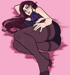 1girls battle_tendency bed black_hair classy classy_female clothed_female hair_down jojo's_bizarre_adventure lingerie lisa_lisa looking_at_viewer mature_woman milf on_bed painted_nails pantyhose posing_for_the_viewer scruffyturtles seductive_pose solo solo_female