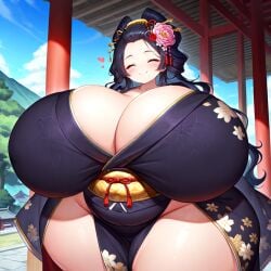 ai_generated bbw blush closed_eyes flower_in_hair geisha geisha_hair gigantic_breasts hair_ornament hairpin kimono side_slit sleeves_past_fingers smile stable_diffusion thick_thighs venus_body wide_hips young