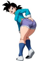 ai_assisted ai_generated ass ass_focus bent_over black_eyes black_hair chinese_clothes dragon_ball_z inviting joke_art kneesocks long_hair self_upload selvokaz shoes short_shorts smile son_goten son_gotena spanking_own_ass