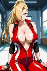 1girls ai_generated anime babe badass beautiful beautiful_females biker biker_clothes biker_girl blonde_female blonde_ponytail cleavage day female_ninja hair_over_one_eye ino_yamanaka kunoichi lipstick looking_at_viewer massive_breasts naruto naruto_shippuden ninja ponytail revealing_clothes room serious sexy sportswear trj voluptuous voluptuous_female waifu window wristband zipper zipper_down