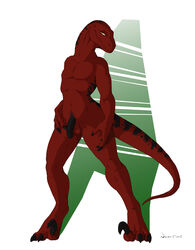 1boy balls claws dinosaur male male_only necrodrone nude penis raptor red scalie solo spread_legs spreading standing