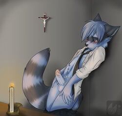 1boy balls blue blush bottomless candle erection humanoid_penis jesus_christ jijix lol_religion male male_only necktie open_clothes open_shirt pants penis raccoon red_eyes rosary shirt solo tenatsu tie young