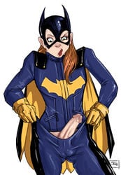 1futa balls_in_bodysuit barbara_gordon batgirl batman_(series) blue_bodysuit bodysuit bodysuit_pull cape dc futanari gloves green_eyes human intersex mask penis penis_out red_hair red_lipstick simple_background slitch white_background yellow_gloves