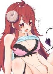 absurdres ahoge bare_shoulders black_panties blue_camisole bra breasts brown_hair camisole cleavage clothes_lift commentary_request curled_horns demon_horns female female_masturbation fingering frilled_bra frills hair_between_eyes heart heart-shaped_pupils highres horns implied_yuri knees_up large_breasts machikado_mazoku masturbation navel open_mouth panties panties_around_one_leg pink_bra saliva shirt_lift sidelocks simple_background solo stomach symbol-shaped_pupils tail_blush underwear white_background yoshida_yuuko_(machikado_mazoku) zacuro