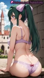 1girls ai_generated anime anime_style arm_support ass back bangs bare_arms bare_shoulders blue_eyes blue_sky blunt_bangs blush bow bow_panties bra breasts brick_wall building bust busty butt_crack castle closed_mouth cloud day female female_focus female_only from_behind green_hair hair_intakes hair_ribbon hairbow hentai juicy_butt lace-trimmed_panties large_breasts long_hair median_furrow medium_breasts natsuyoru oshiri outdoors panties pantsu pink_bow ponytail purple_bra purple_panties ribbon shoulder_blades sidelocks sitting sky smile solo solo_female tate_no_yuusha_no_nariagari the_rising_of_the_shield_hero underwear underwear_only voluptuous voluptuous_female yomogi_emarl