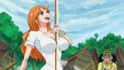 10s 1boy 2017 animated between_breasts black_hair breasts brown_eyes cleavage cloud female forest goggles green_shirt green_skirt grin happy hat jumping large_breasts laughing legs long_hair nami_(one_piece) nature one_piece orange_hair sandals shirt skirt smile sound tagme tree usopp video white_shirt