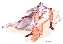 anthro bed breasts canine claws closed_eyes eyes female fox from_behind fur furry grey kissing korrok licking male orange penetration penis pillow pussy raised_leg sex straight tail tongue vaginal_penetration wolf