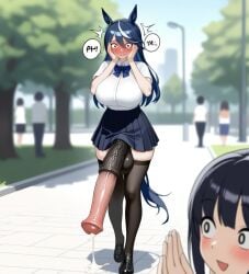 ai_generated animal_ears big_breasts blue_hair blush cum dripping_cum futa_only futanari hands_on_face horse_girl horsecock horsecock_futanari huge_cock hyper_penis long_hair park school_uniform skirt tail thighhighs walking zynai